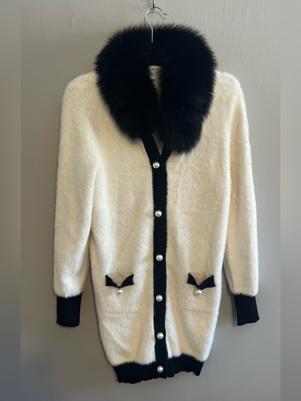 OO LA LA Fuzzy Cream Cardigan with Removable Faux Fur Collar & Pearl Details